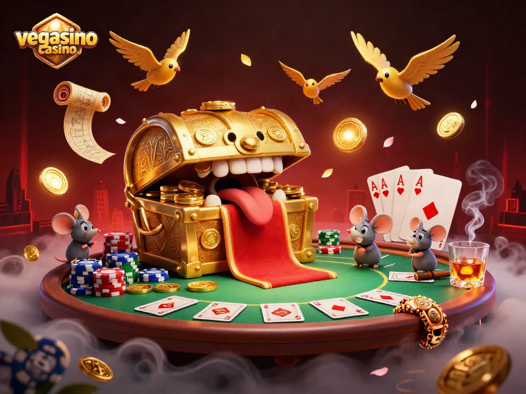 Engage with captivating gameplay at vegasino casino with a treasure chest and dynamic poker scene.