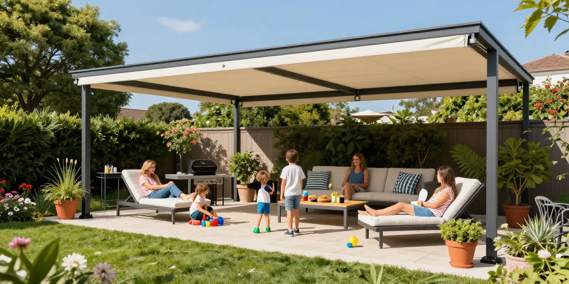 Moderne Terrassenüberdachung mit Familie, die an einem sonnigen Tag entspannt und spielt.