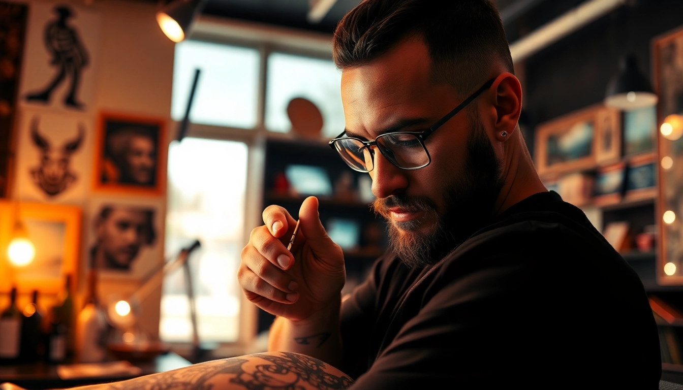 Tattoo artist demonstrating skill at Tattoo Studio München with intricate designs and professional equipment.