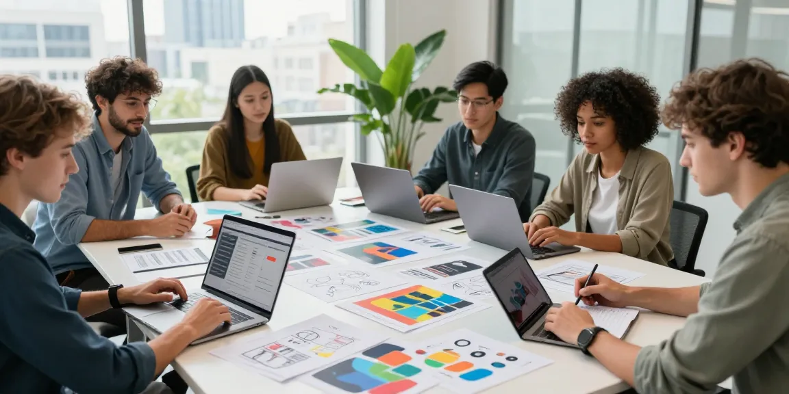 Webdesign Saarland: Kreativteam plant Webseiten in modernem Büro mit Laptops und Skizzen.