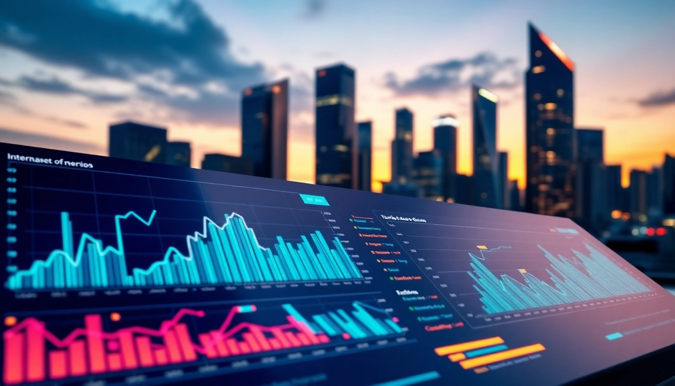 Analysieren von Internet Trends mit einem futuristischen Datenvisualisierungs-Dashboard und einer urbanen Kulisse.