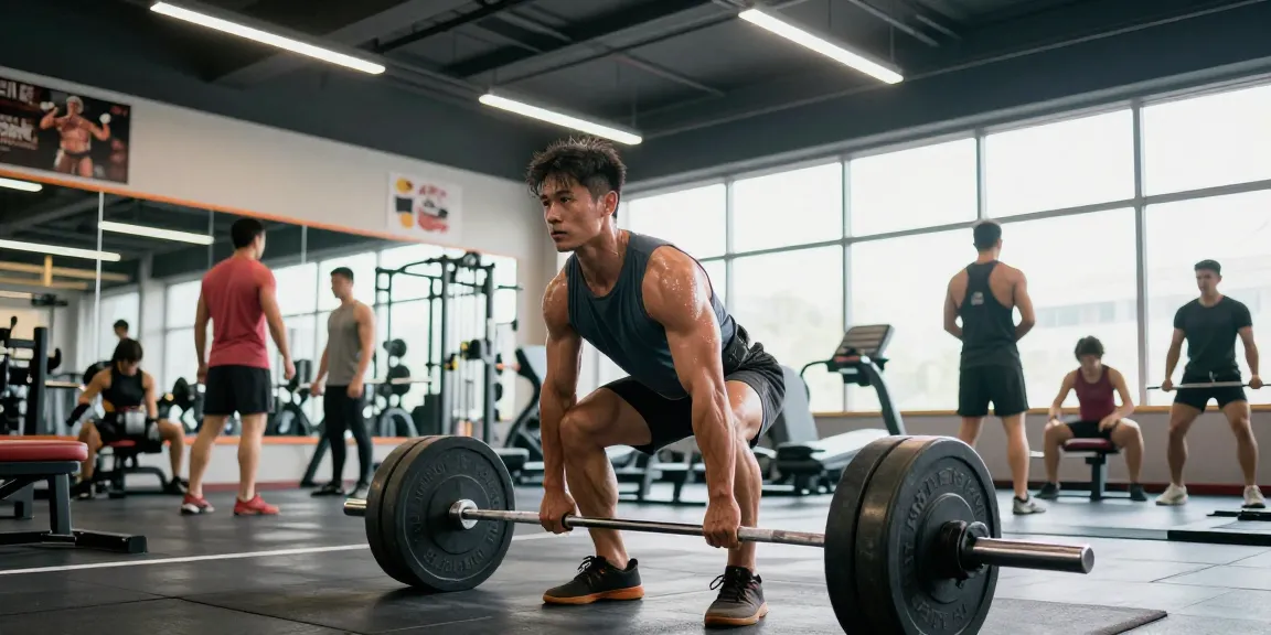 Im Anabolika Shop trainiert ein muskulöser Sportler mit Gewichten in einem modernen Fitnessstudio.