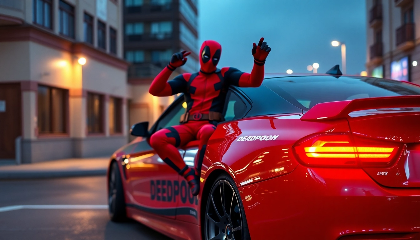 Deadpool Autoaufkleber auf einem rot-schwarzen Sportwagen, der Energie und Humor ausstrahlt.