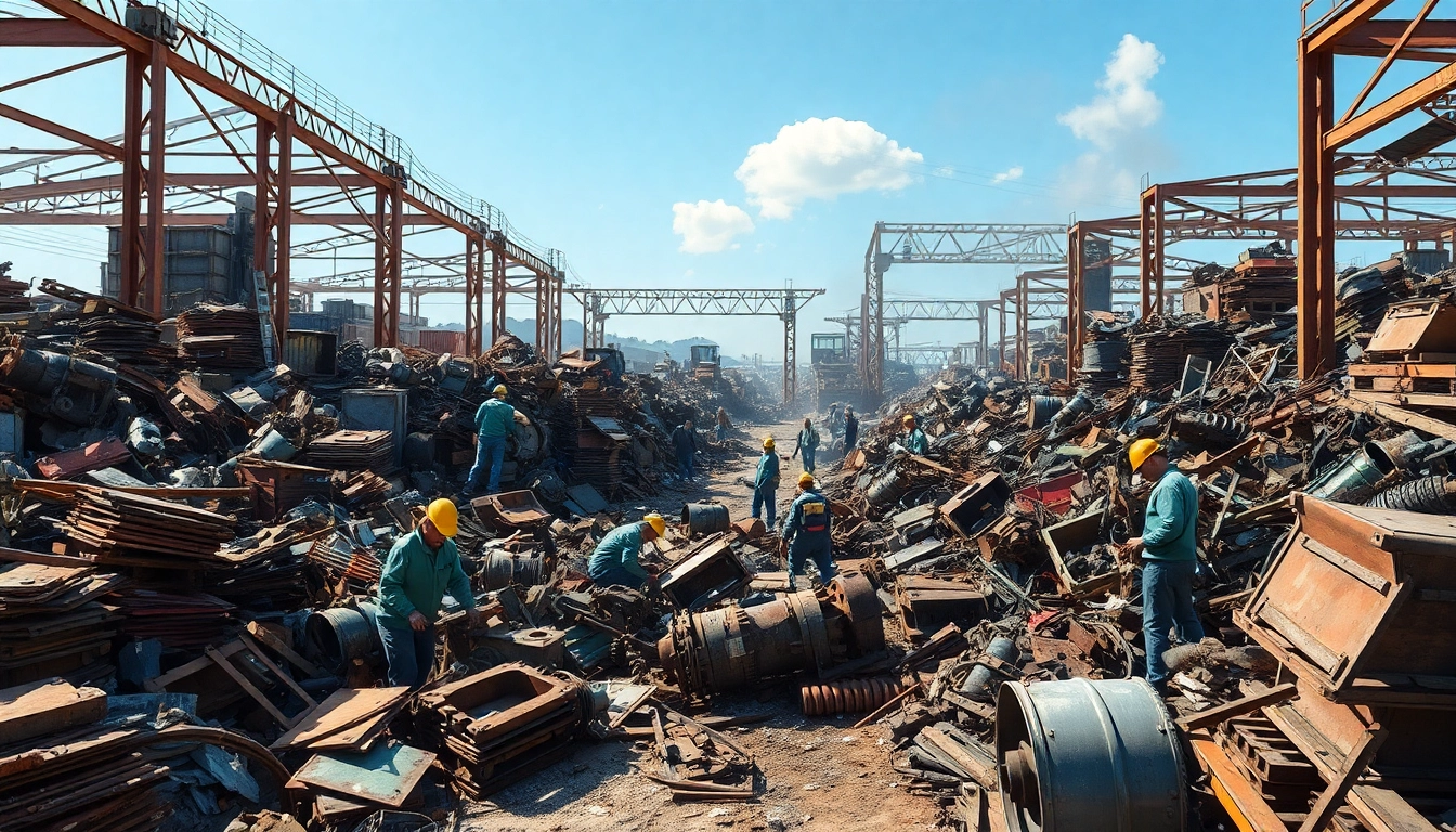 Workers engaged in Schrotthandel Remscheid, sorting scrap metal in a busy scrapyard.