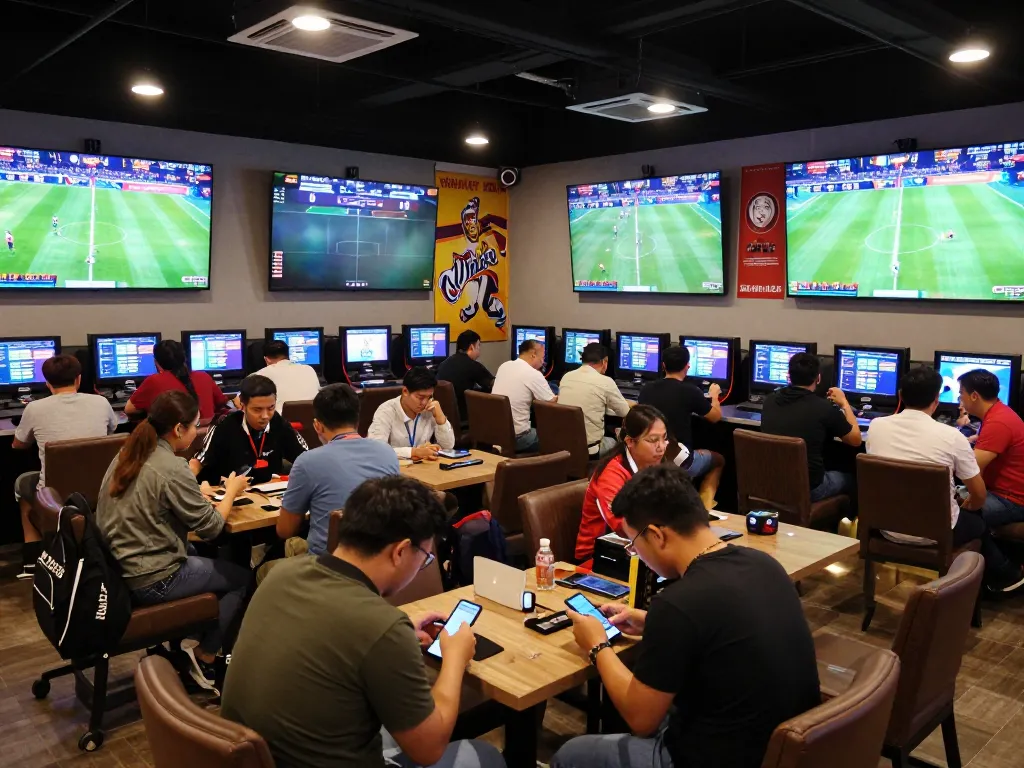 Tỷ lệ kèo nhà cái hôm nay displayed in a lively sports betting lounge with excited fans.