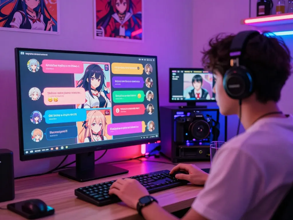 User interacting in a vibrant hentai AI chat environment with colorful digital avatars and engaging dialogues.