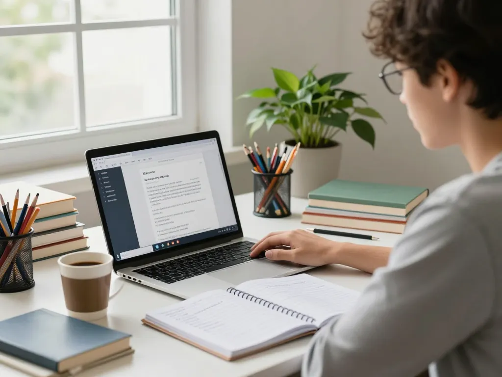 Student, der einen KI-Hausaufgaben Löser online an einem gemütlichen Schreibtisch umgeben von Büchern und Schreibwaren verwendet.