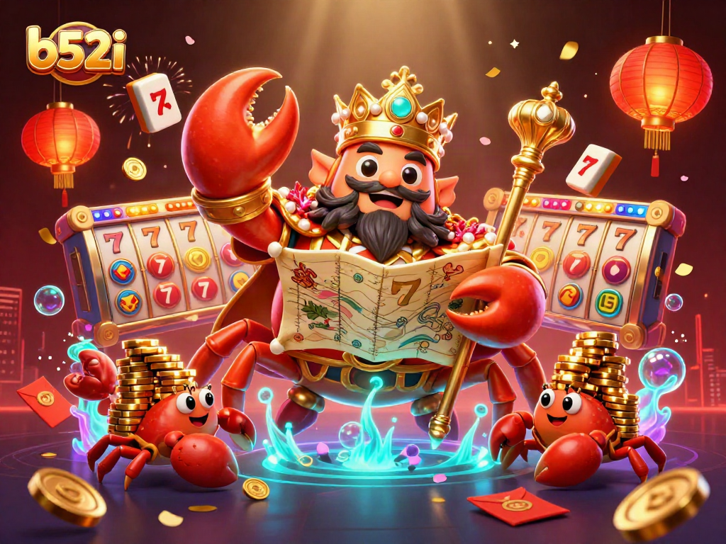 B82i showcases an emperor crab in a lively casino scene, emphasizing vibrant slots and winning actions.