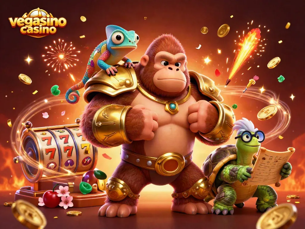 Engage with the vibrant Vegasino Casino scene featuring a gorilla king, chameleon, and tortoise amidst action and celebration.