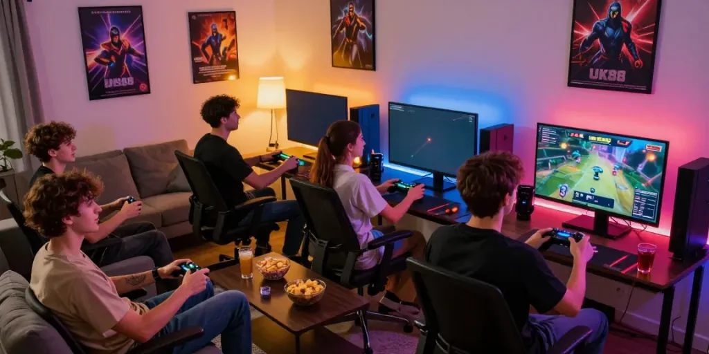 Gaming group enjoying a session while exploring Link vào Uk88 online.