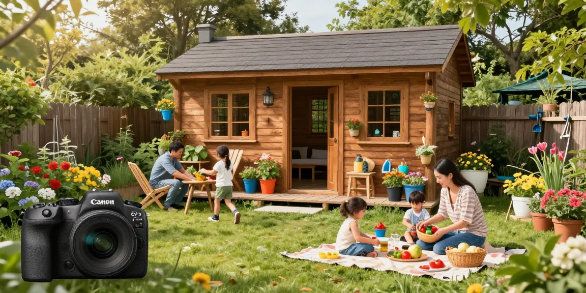 Gemütliches Gartenhaus aus Holz im Garten mit Blumen und spielenden Kindern