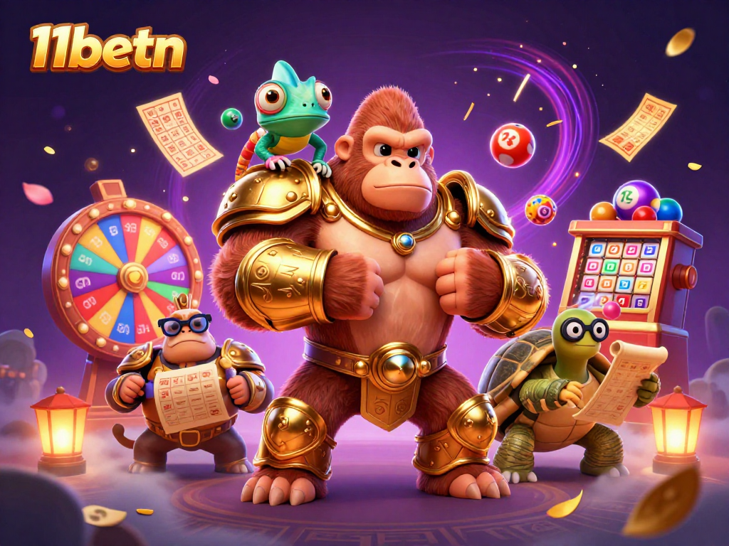 Engage with thrilling 11betn gaming action featuring a gorilla king and vibrant casino elements.