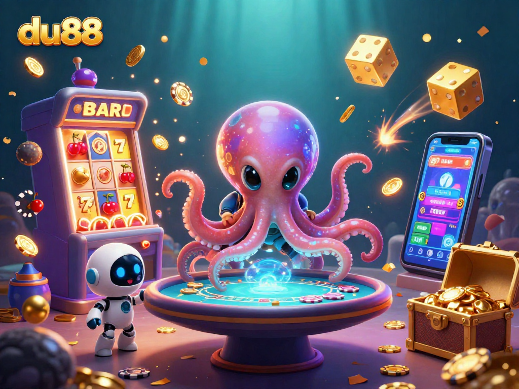 Play exciting games at du88 with a vibrant alien octopus and robot amidst dynamic casino elements.
