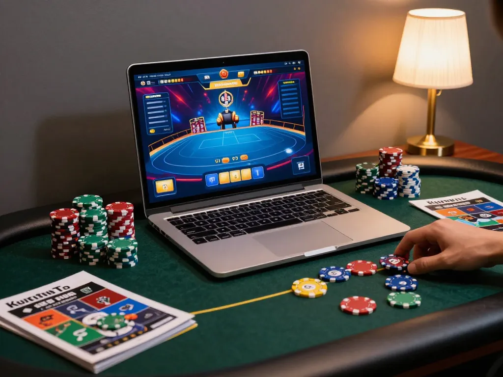 Kuwin online gaming session showcasing strategic poker gameplay on a laptop with chips and strategy materials.