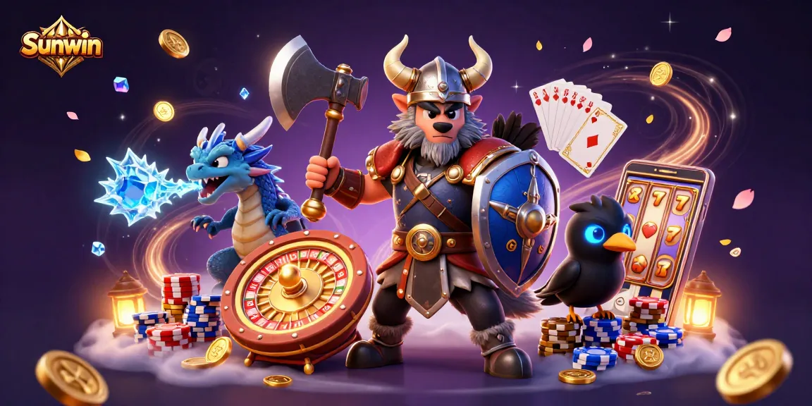 Sunwin players enjoy thrilling gameplay with a Viking warrior and dragon in a vibrant casino scene.