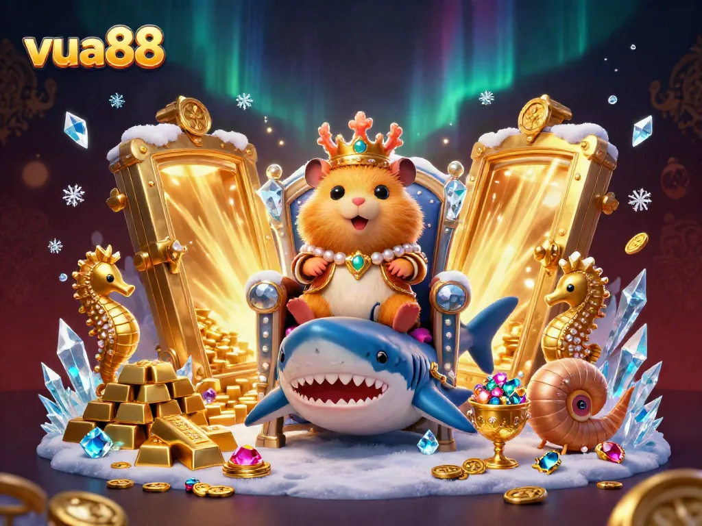 Experience the vibrant world of vua88 with a golden hamster king and rich treasure in a 3D casino scene.