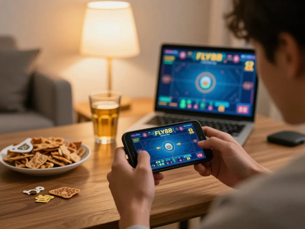 Experience dynamic gaming action on fly88 platform in a cozy home setting.