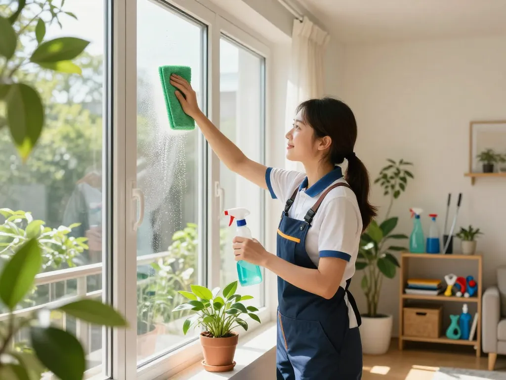 Professionelle Reinigungsfirma in Münster zeigt einen Reinigungsmitarbeiter, der fleißig Fenster in einer hellen Wohnung putzt.