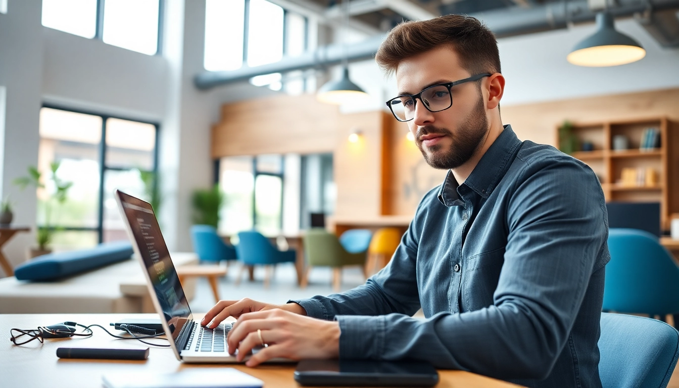 Shopware Entwickler arbeitet konzentriert an seinem Laptop in einem modernen Arbeitsbereich.