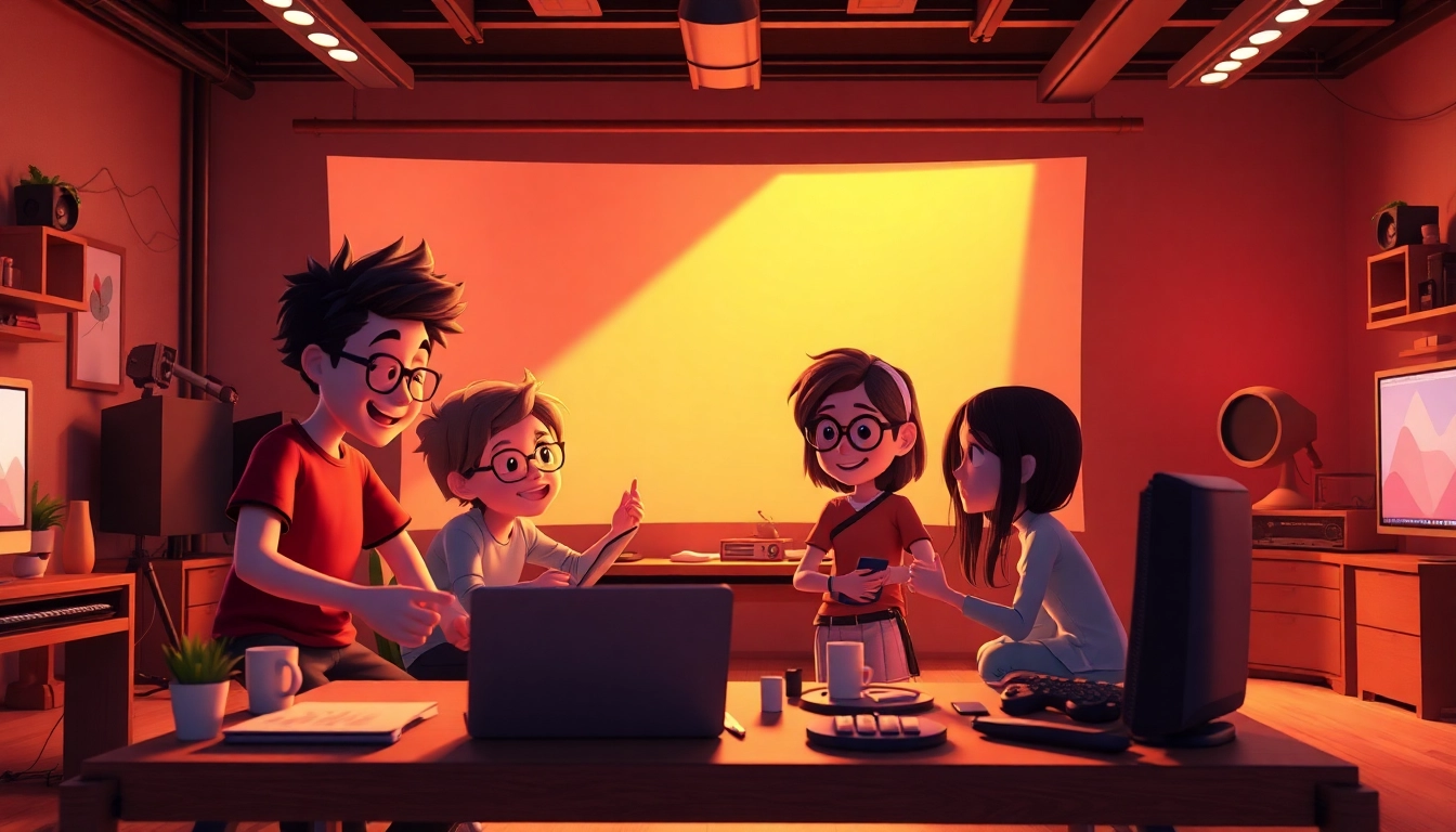 Animationsstudio mit kreativen Animatoren, die in einem bunten Raum 3D-Modelle erstellen und zusammenarbeiten.
