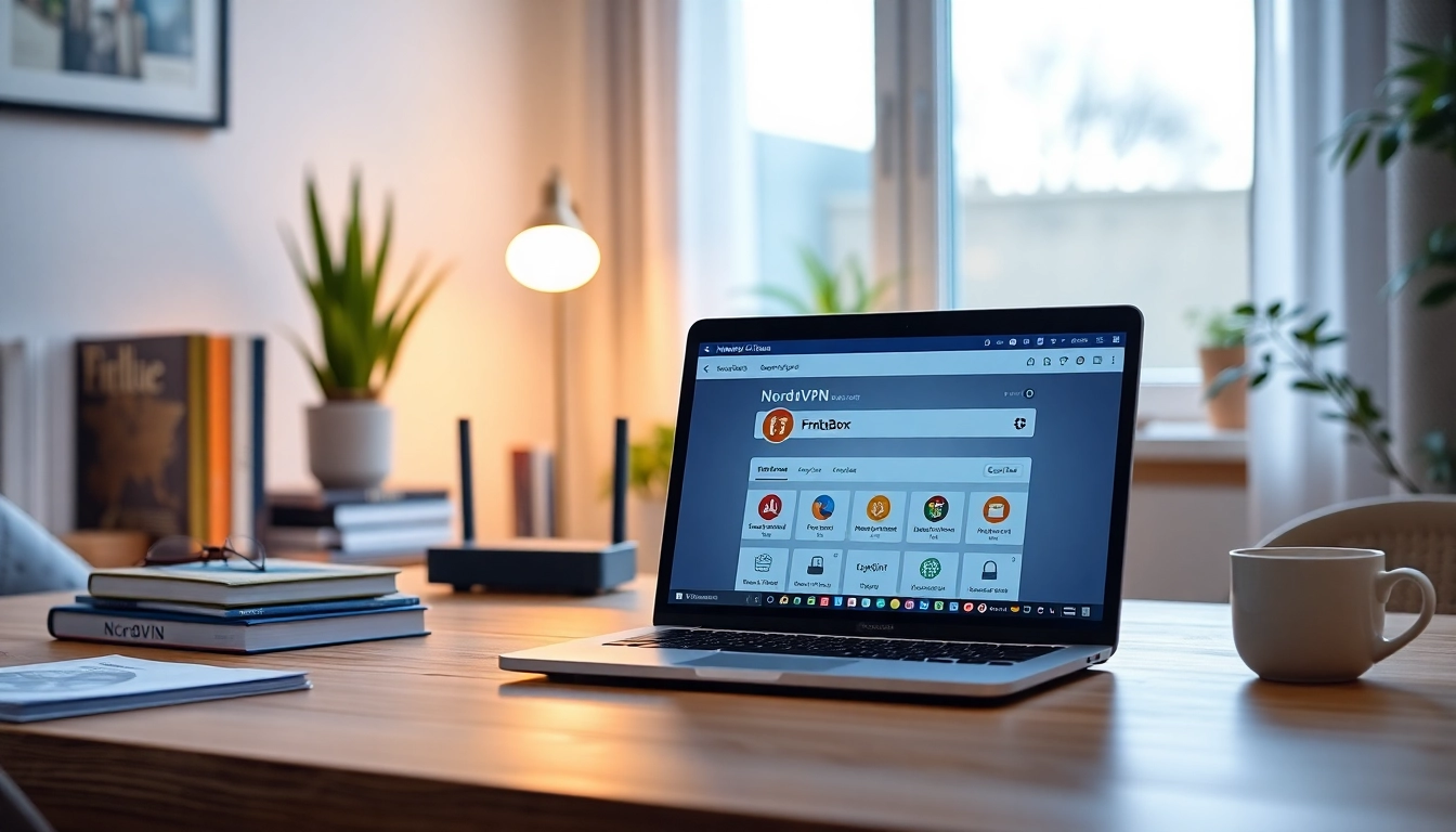 Home office with NordVPN on laptop and FritzBox router setup for secure browsing.