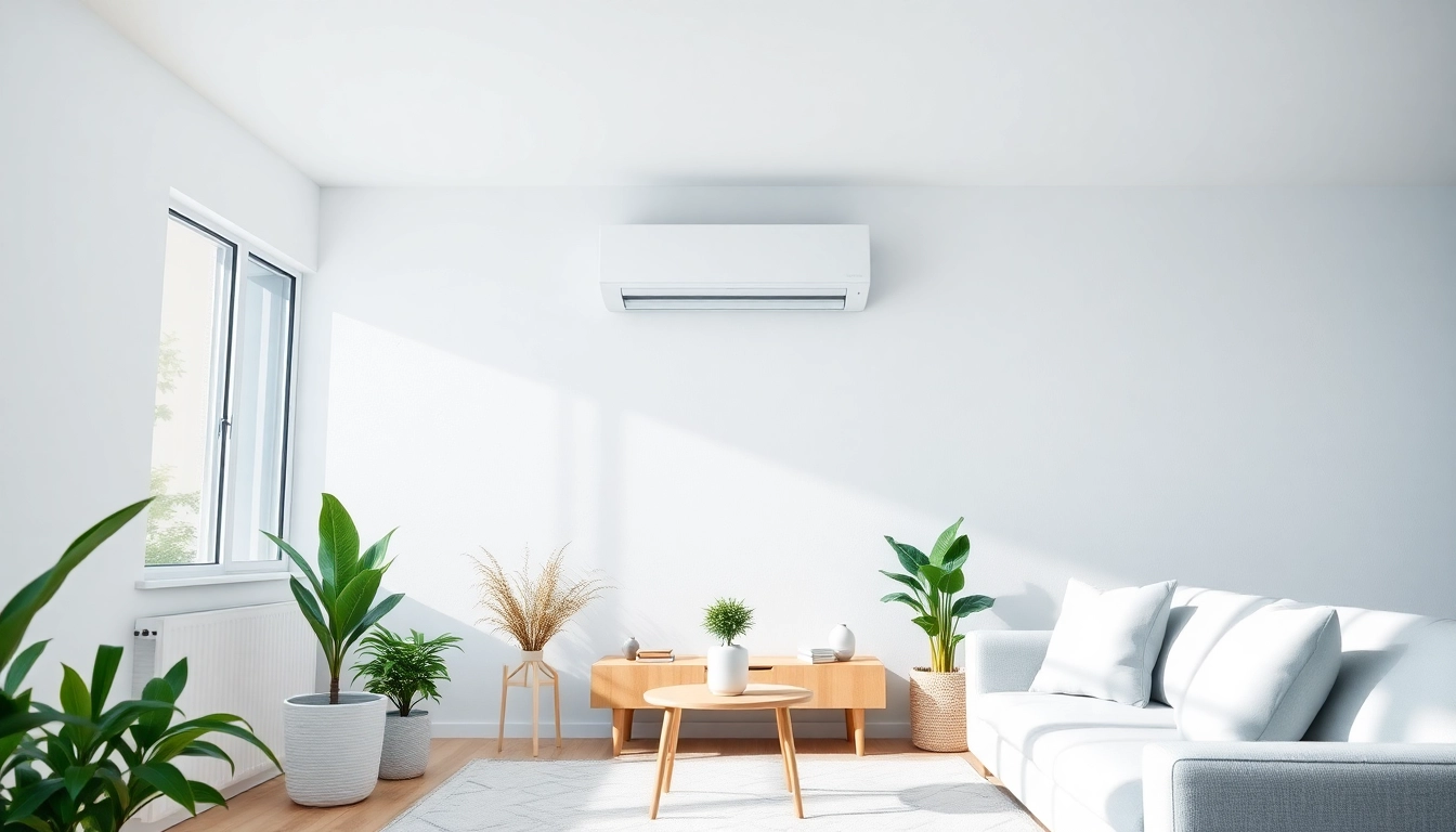 Show a Klimaanlage neatly installed in a contemporary living room, enhancing comfort and atmosphere.