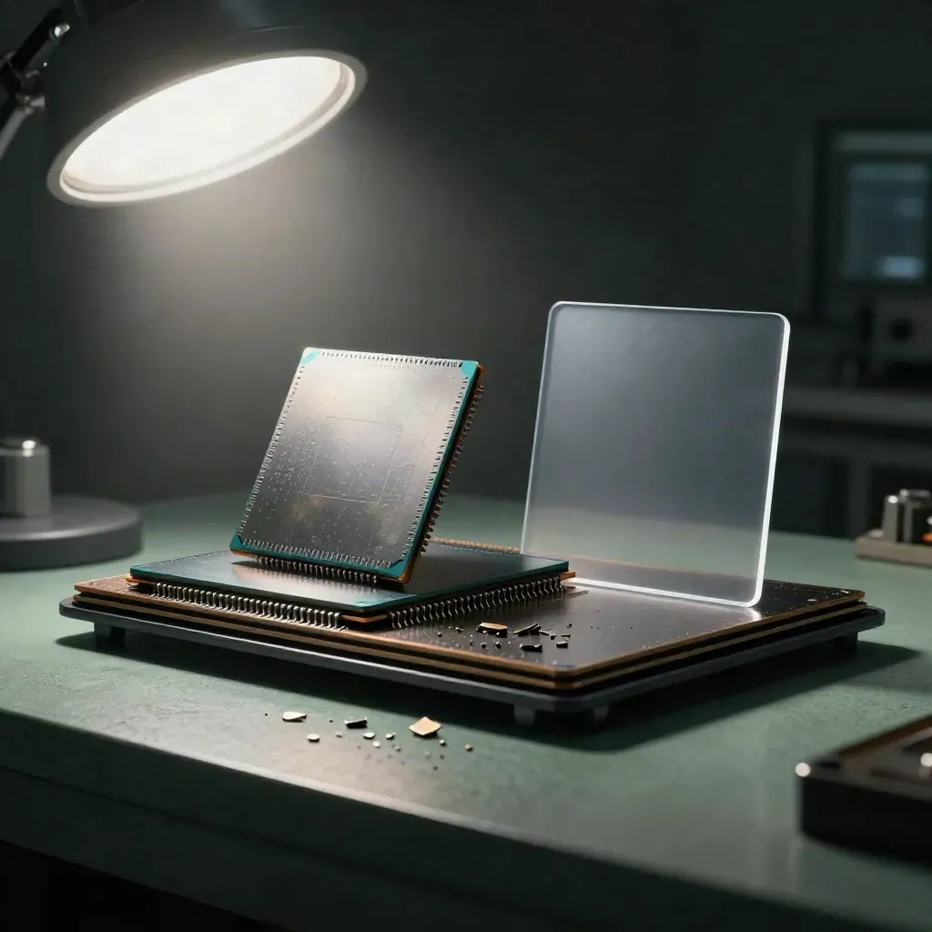 Wafer-Schale mit Chip-Die, Gehäuse und 3D-Render-Platte im düsteren Morgenlicht.