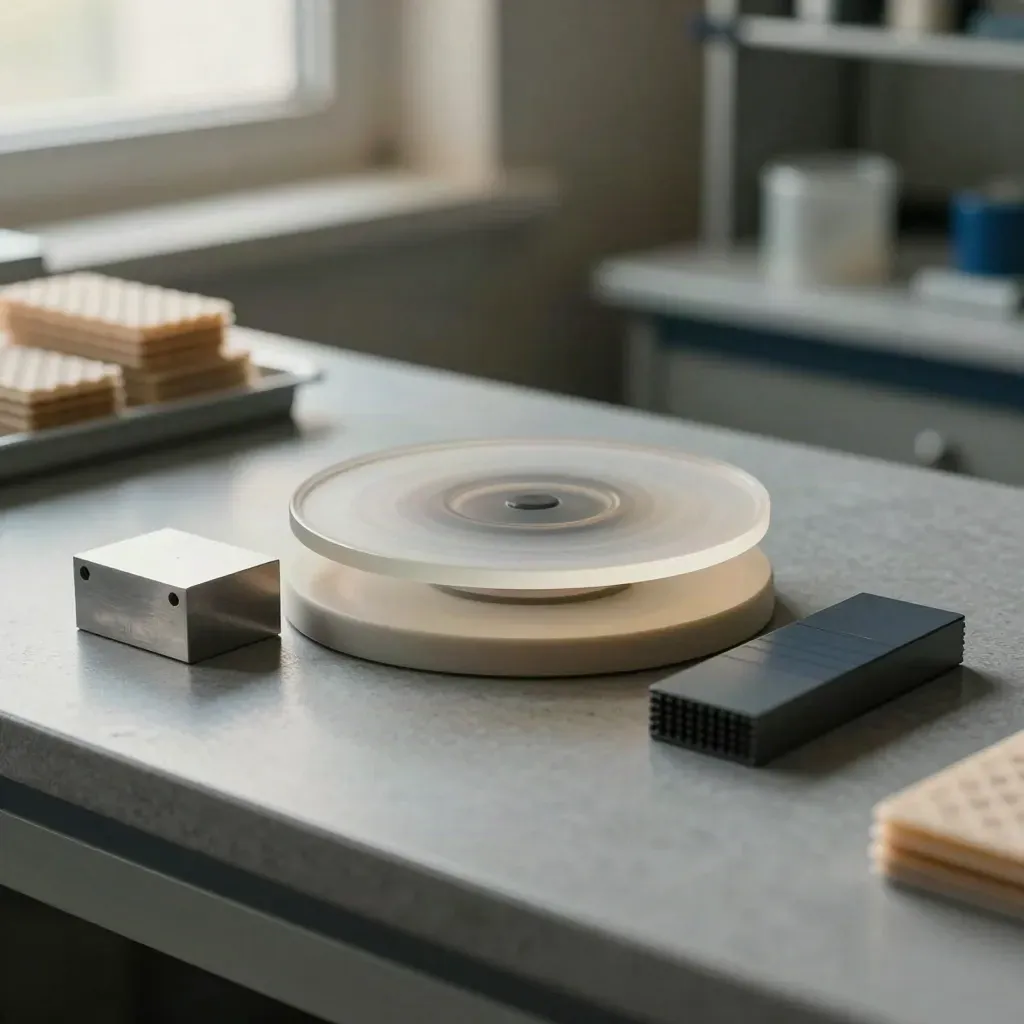 Acryl-Chipmodell mit Renderplatte und Siliziumsegmenten auf grauer Werkbank.