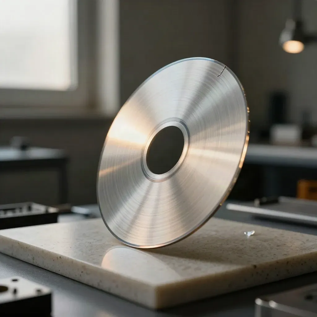 Schräg von der Seite gezeigte Silizium-Wafer-Scheibe im Ringhalter mit kleinem Splitter im dunklen Labor.