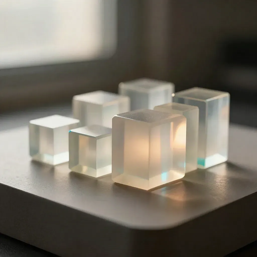 Transluzente Silizium-Modelle auf Podest mit Cyan-Reflexen und Spiegelplatte