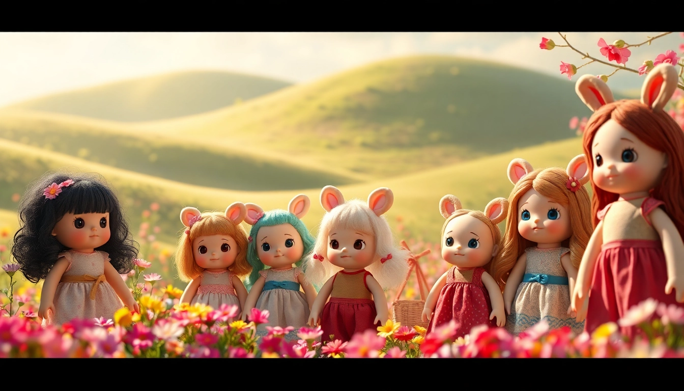 Erfreuen Sie sich an einzigartigen Gutdolls, die in einer lebhaften, zauberhaften Umgebung stehen.