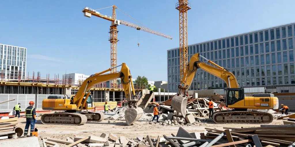 Professionelle Abbrucharbeiten in Wien mit Bauarbeitern und schweren Maschinen.