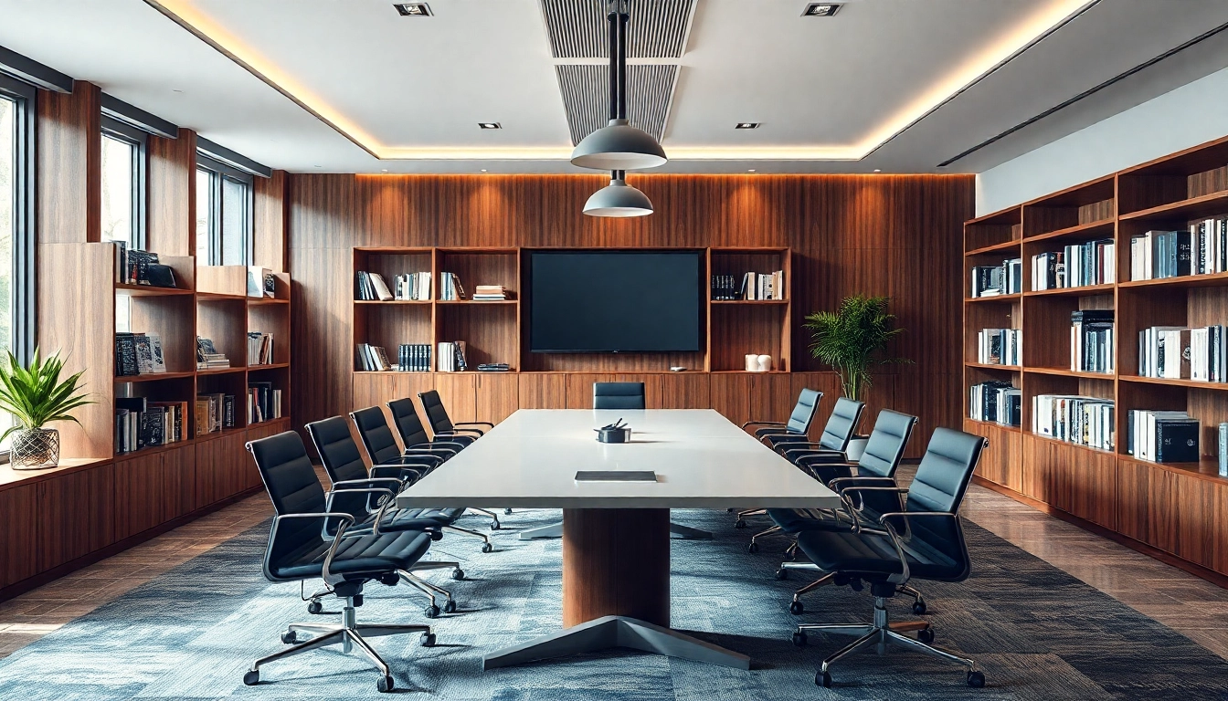 Unternehmensberatung: Modernes Bürointerieur mit Konferenztisch und inspirierenden Büchern.