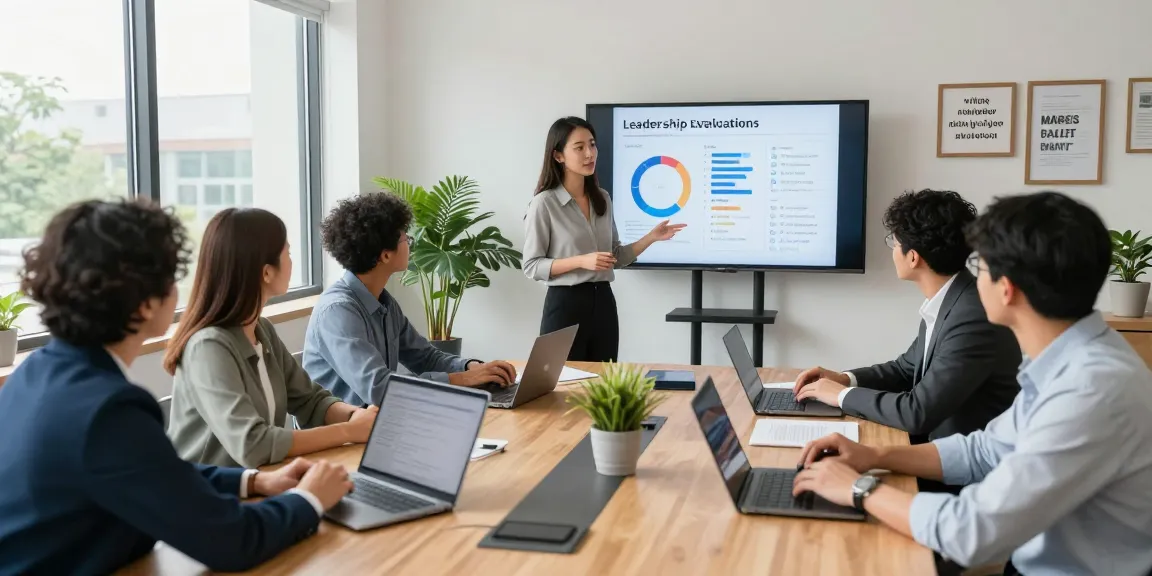 Professionals diskutieren über die Bewertung von Führungskräften in einem modernen Büro, während sie relevante Daten analysieren.