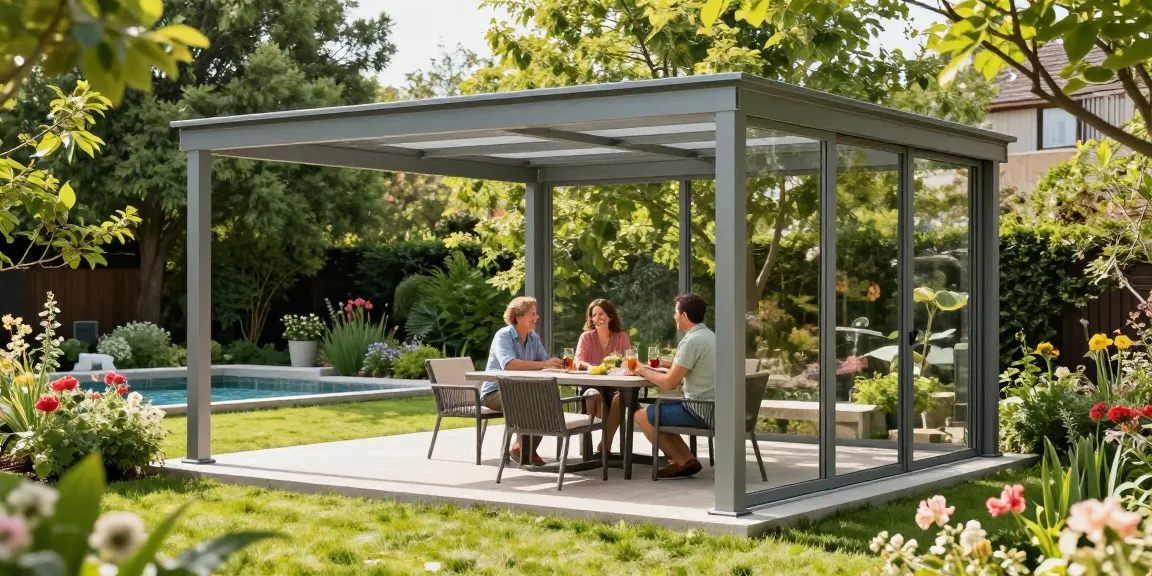Moderne Terrassenüberdachung freistehend im Garten, Familie genießt sonnigen Tag.
