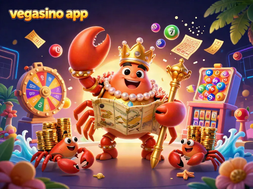 Experience the vibrant world of vegasino app with a golden crab emperor in a dynamic casino scene.