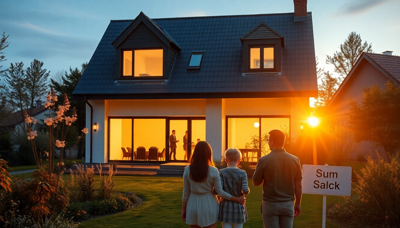 Genießen Sie den Hauskauf mit einer einladenden Familie vor ihrem neuen modernen Zuhause, das von blühenden Gärten umgeben ist.