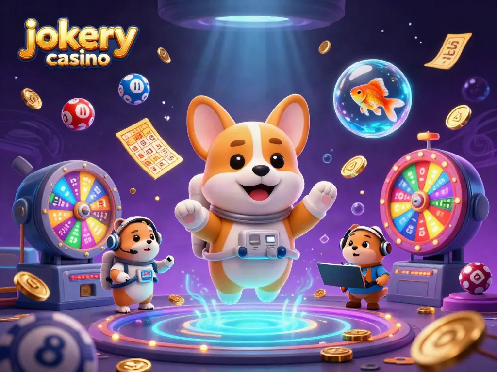 Experience excitement at Jokery Casino with games and bonuses in a dynamic 3D illustration.