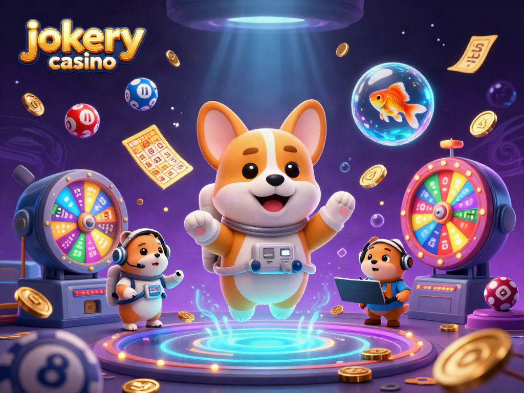 Experience excitement at Jokery Casino with games and bonuses in a dynamic 3D illustration.