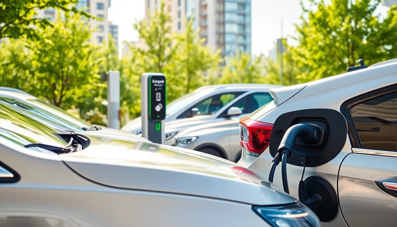 Elektroautos an einer modernen Ladestation in einer urbanen Umgebung.