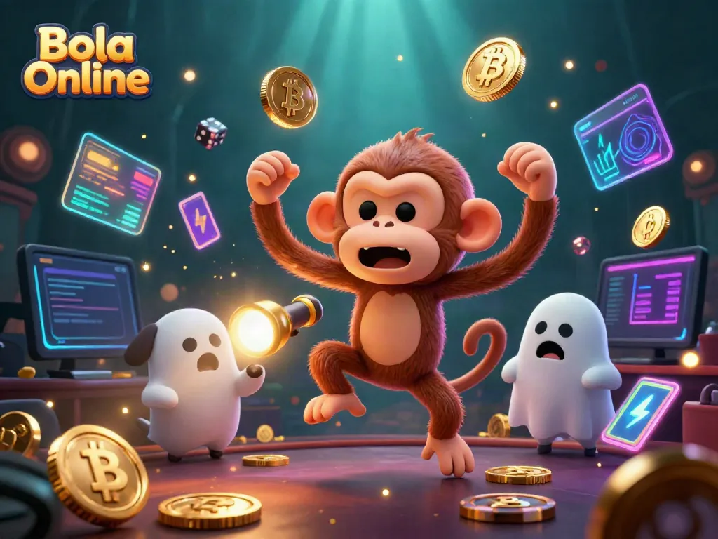 Bola Online showcases an immersive and dynamic gambling scene with cartoon characters interacting in a haunted casino.