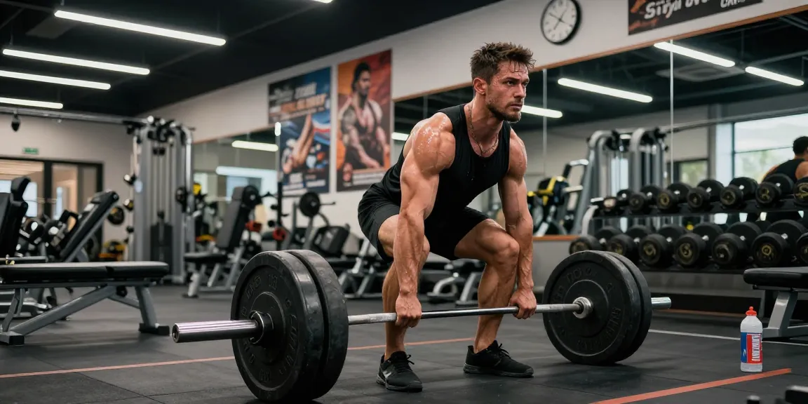 Bodybuilder, der Gewichte im Fitnessstudio hebt und Produkte von Steroidshop präsentiert