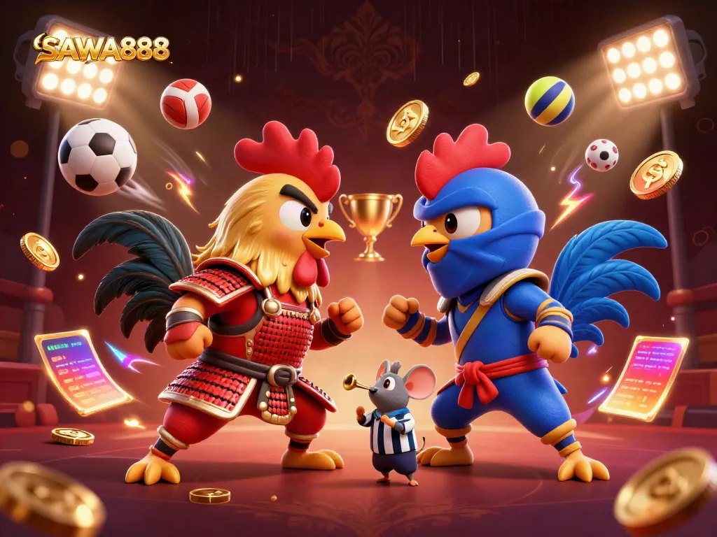 Experience thrilling action with SAWA888 as twin fighting roosters face off in a dynamic casino-themed showdown.