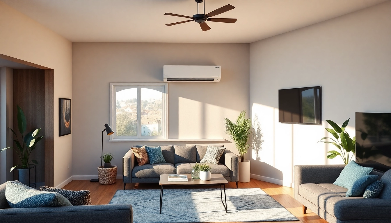 Klimaanlage mounted in a stylish living room with sunlight filtering through the window, creating a welcoming atmosphere.