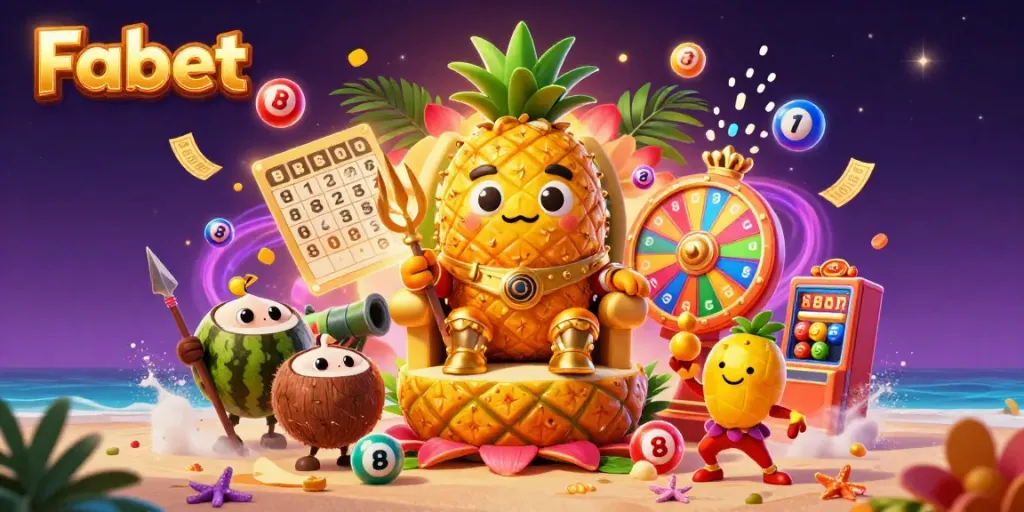 Experience excitement with Fabet's golden pineapple king in a vibrant casino scene filled with lottery elements.