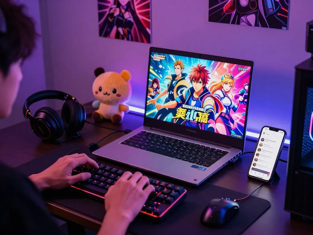 Engaged gamer playing porn games on laptop with vibrant graphics and gaming accessories in cozy neon-lit room.