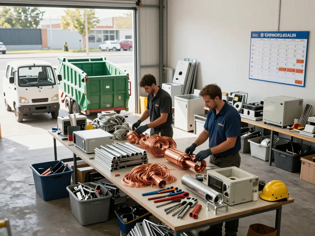 Engagiertes Schrotthändler-Team sortiert Schrottmaterialien in einem hellen Lagerhaus und betont umweltfreundliche Recyclingpraktiken.