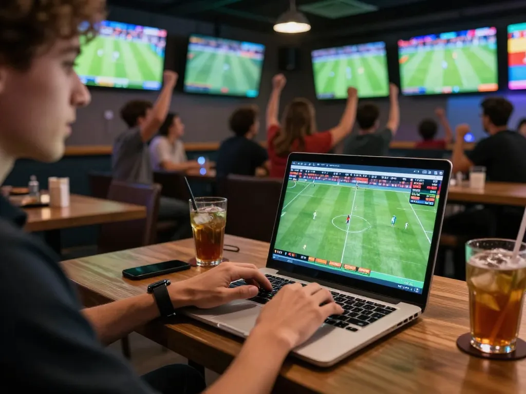 Soi kèo bóng đá strategies being analyzed on a laptop during an exciting sports betting event