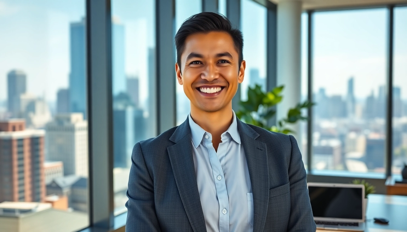 Professioneller Business Portrait München vor Fenster mit Stadtblick und warmem Lächeln.