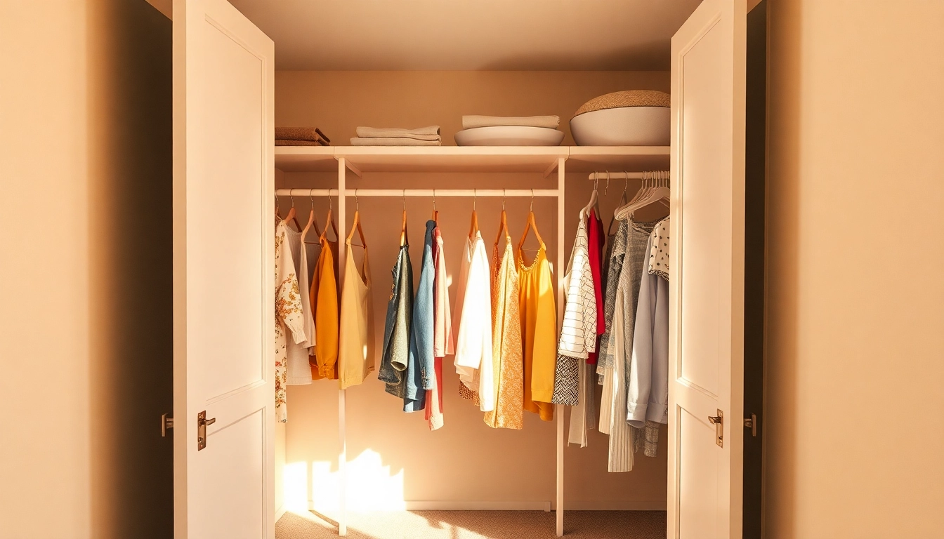 Kunststoff kleiderbügel in einer hellen Garderobe nutzen, um Kleidung ordentlich zu präsentieren.